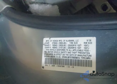 2007 Honda Odyssey Ex-L z USA, uszkodzony, nr VIN 5FNRL38707B005874